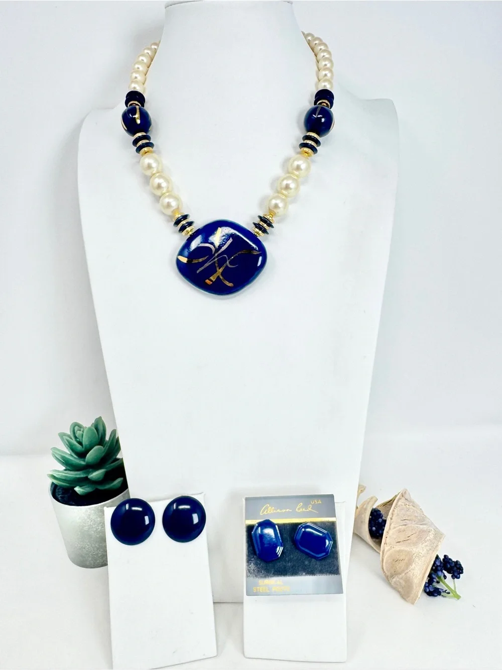 Vintage Allison Reed Cobalt Blue and Faux Pearl Statement Necklace Earrings Set